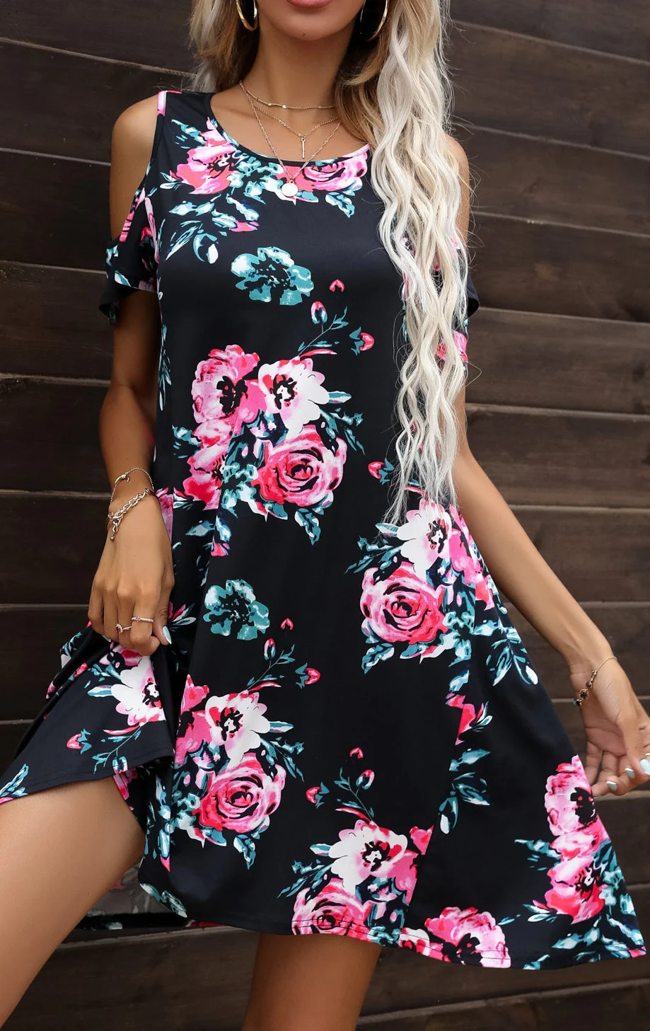 Floral Round Neck Cold-Shoulder Dress - Image 7