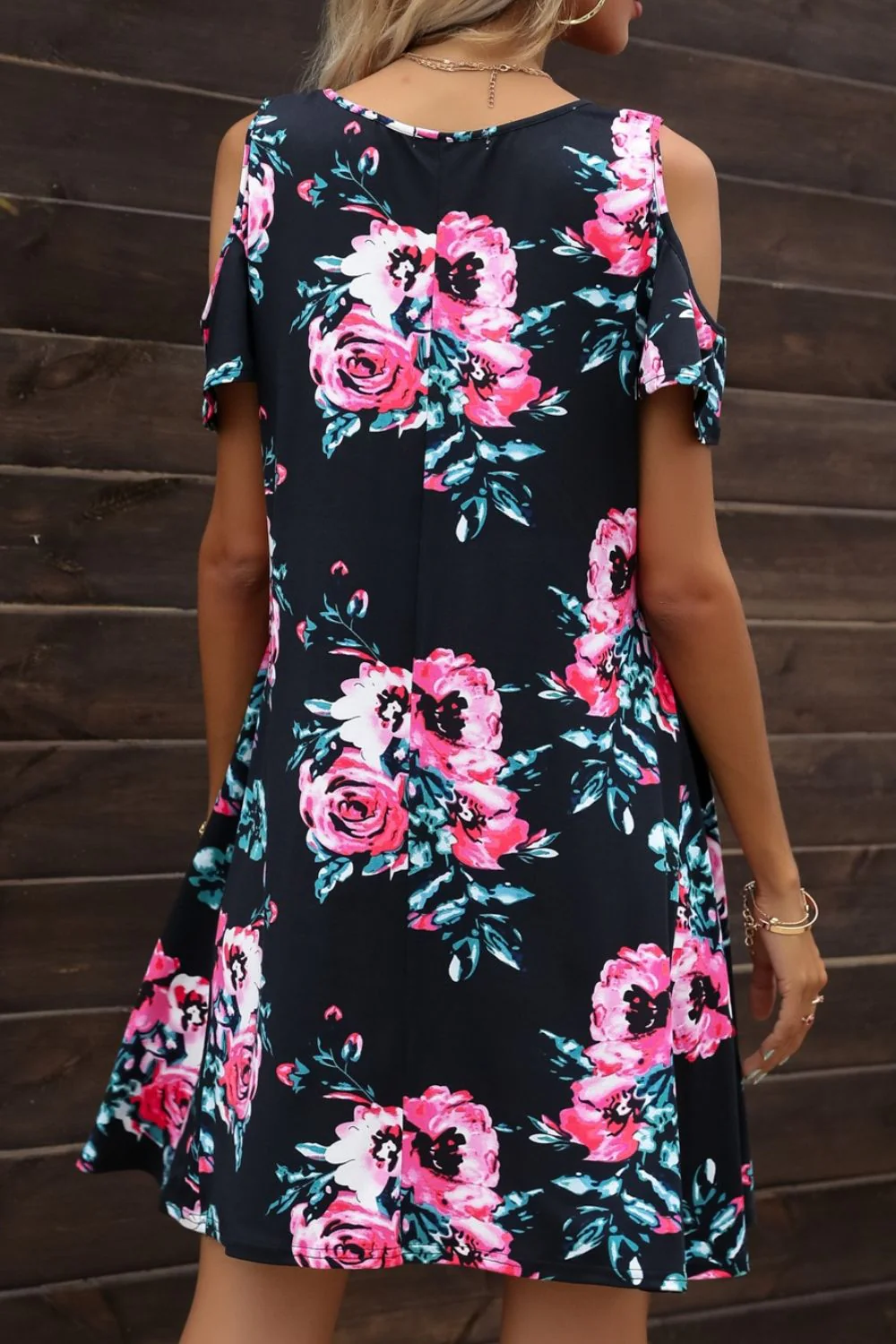 Floral Round Neck Cold-Shoulder Dress - Image 8