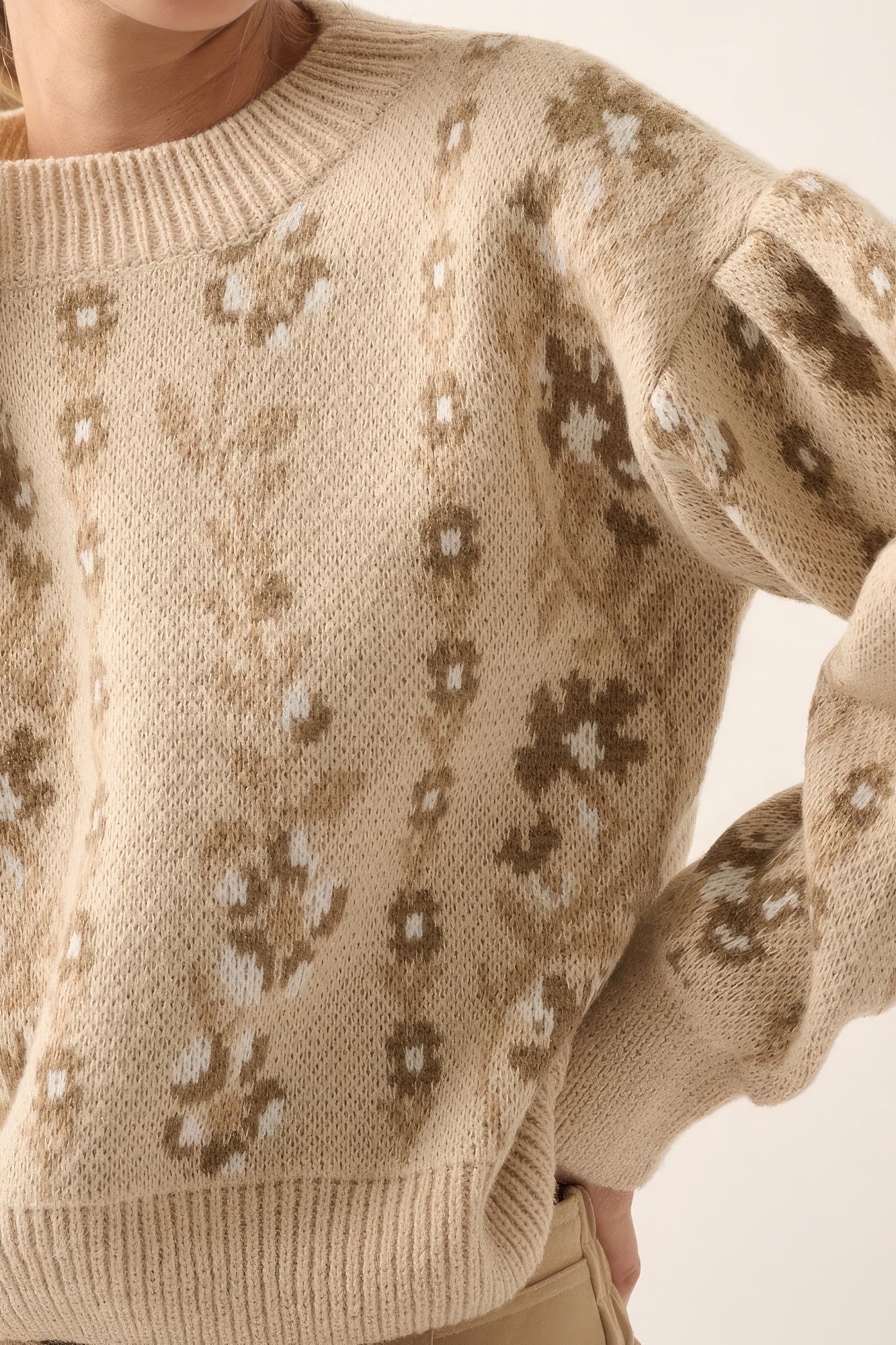Floral Round Neck Long Sleeve Relax Fit Sweater - Image 3