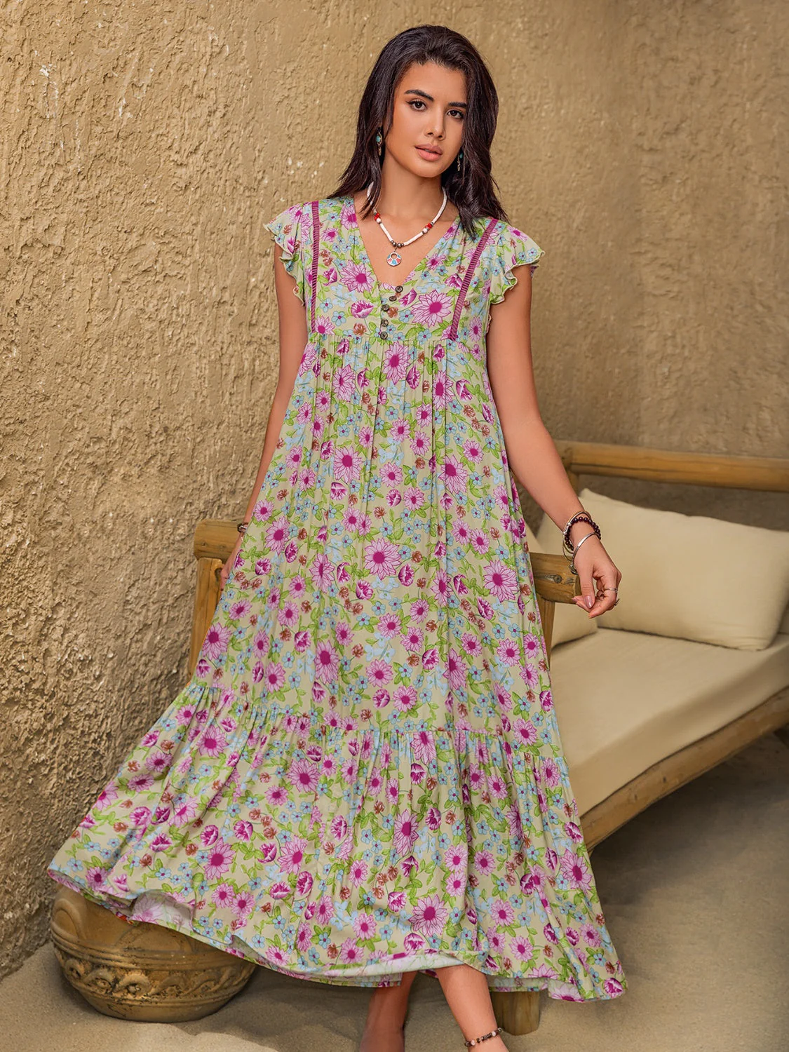 Floral Ruffled Cap Sleeve Tiered Dress - Image 2