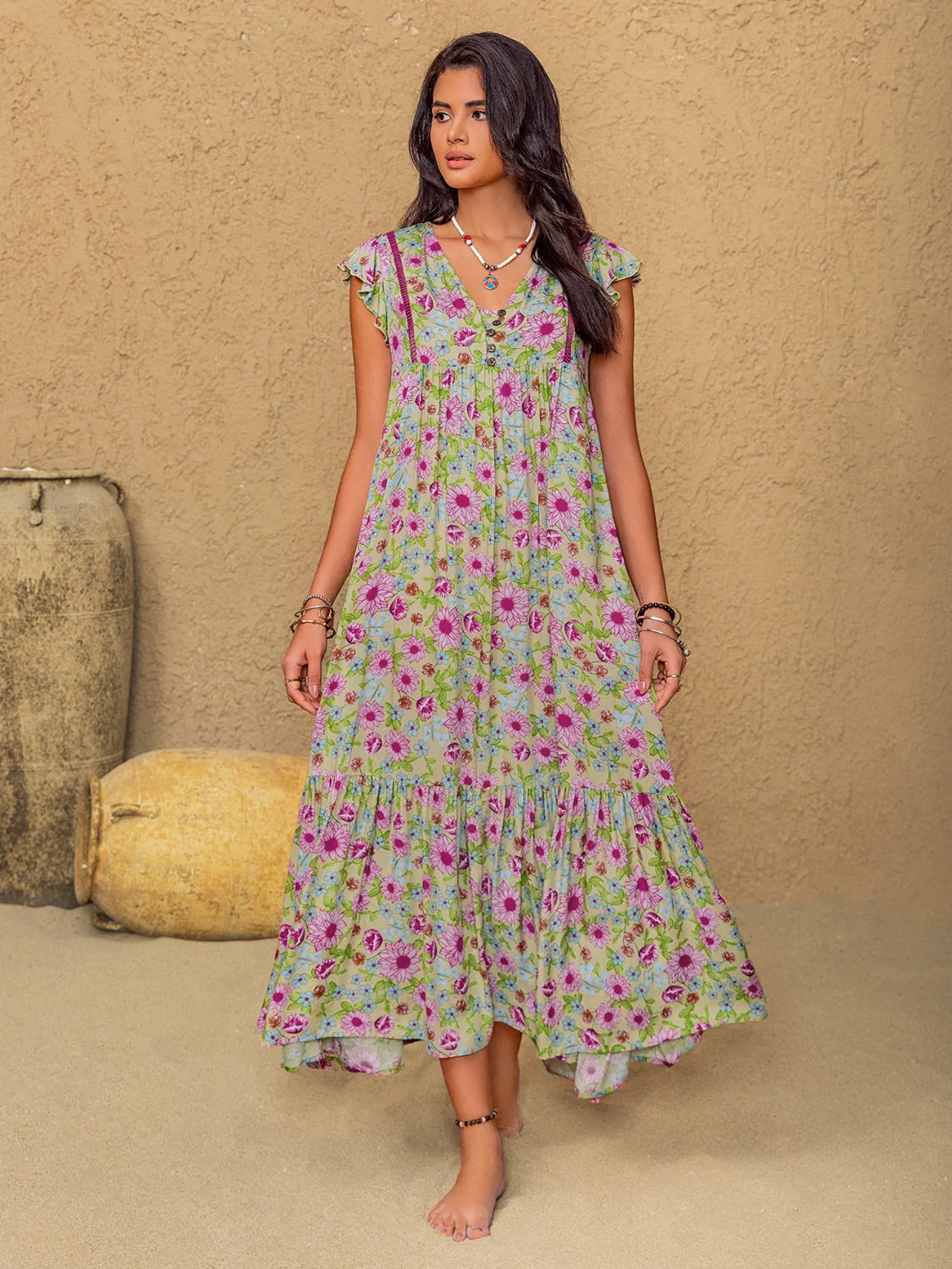 Floral Ruffled Cap Sleeve Tiered Dress - Image 7