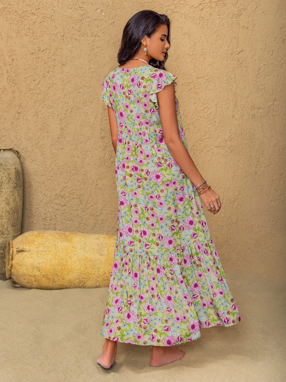 Floral Ruffled Cap Sleeve Tiered Dress - Image 8
