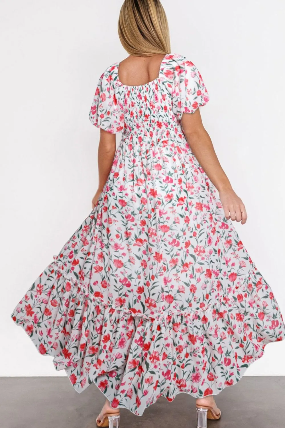 Floral Short Puff Sleeve Tiered Dress - Image 2
