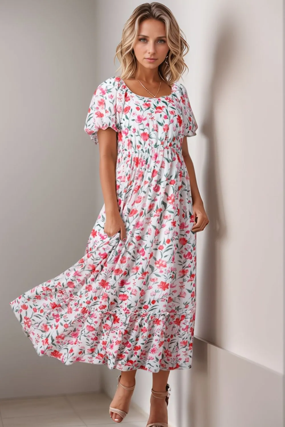 Floral Short Puff Sleeve Tiered Dress - Image 3