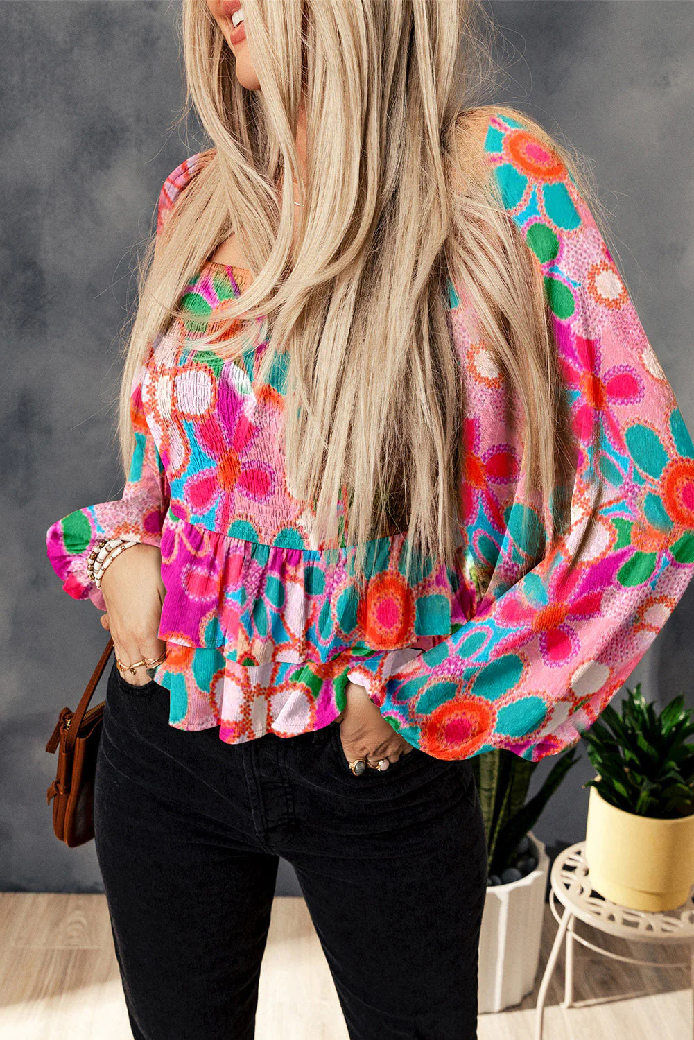 Floral Smocked Ruffled Balloon Sleeve Blouse - Image 3