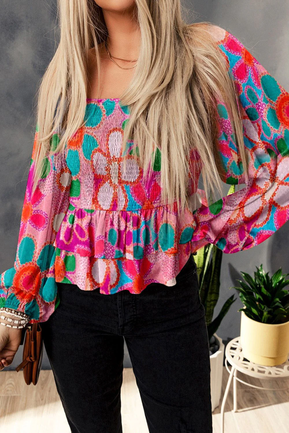 Floral Smocked Ruffled Balloon Sleeve Blouse - Image 4