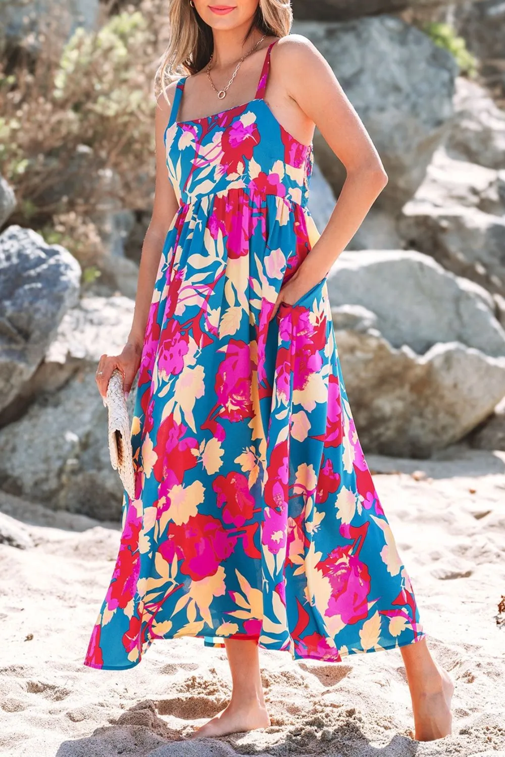 Floral Square Neck Cami Dress with Pockets - Image 3