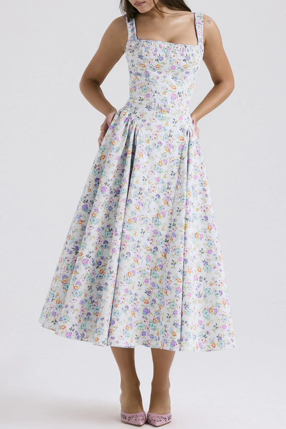 Floral Square Neck Wide Strap Midi Dress - Image 3