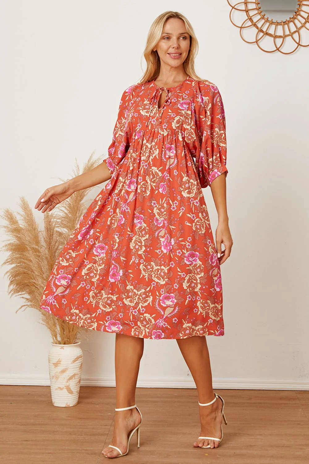 Floral Tie Neck Half Sleeve Dress - Image 2