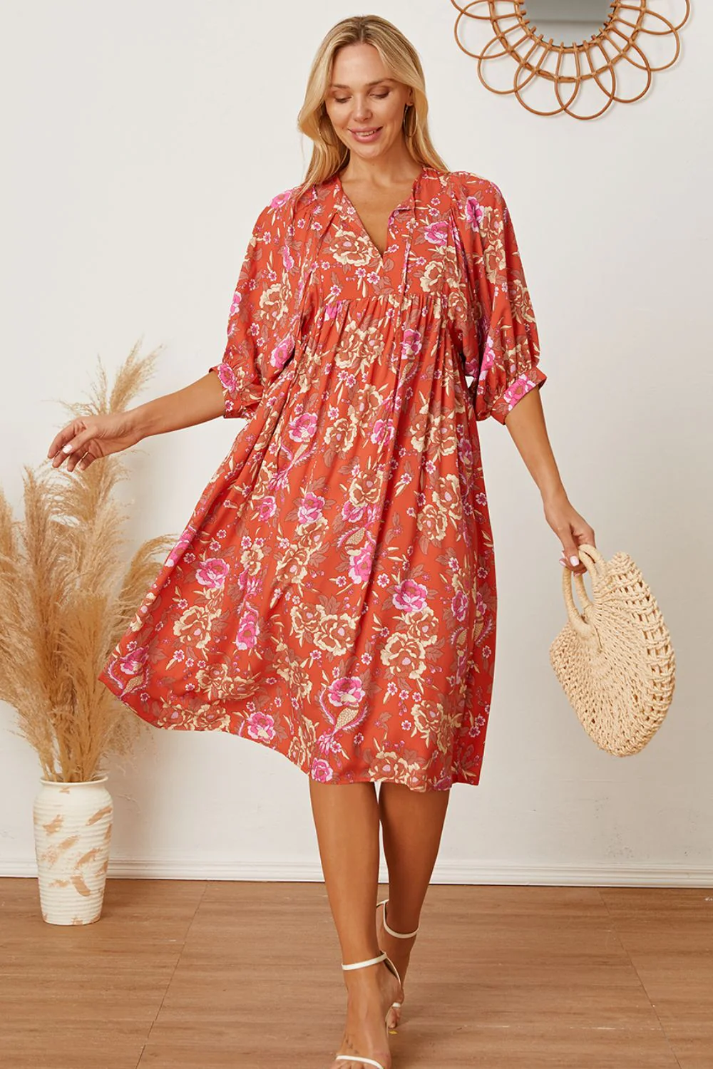 Floral Tie Neck Half Sleeve Dress - Image 3