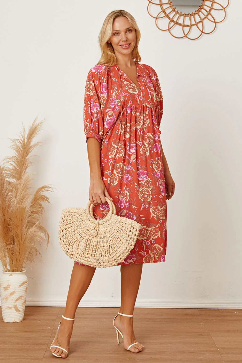 Floral Tie Neck Half Sleeve Dress - Image 4