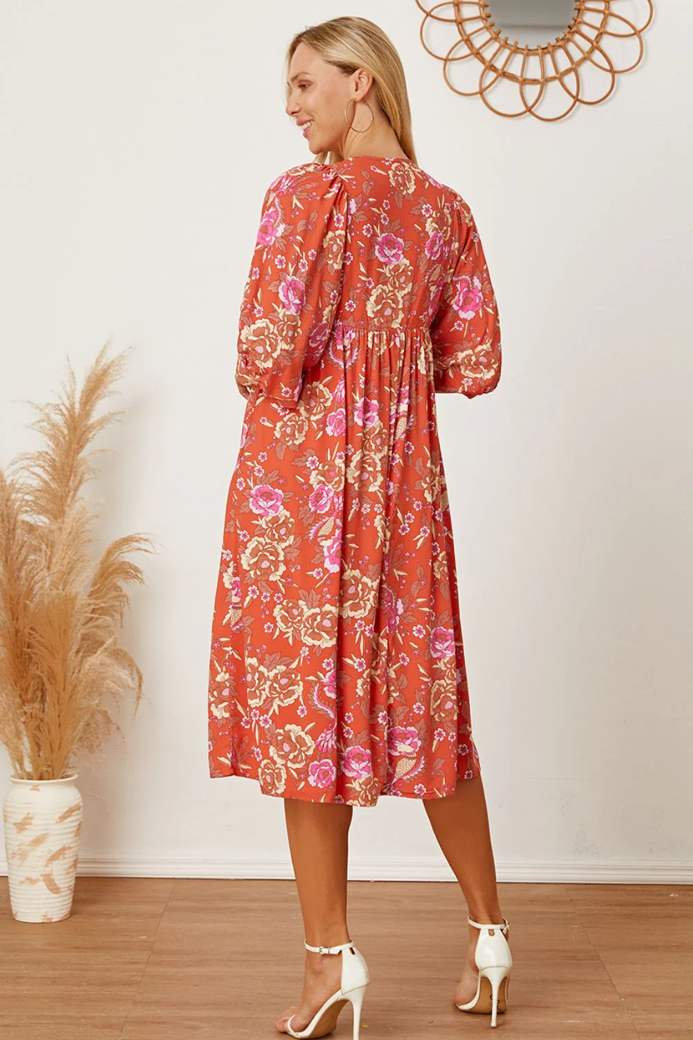 Floral Tie Neck Half Sleeve Dress - Image 5