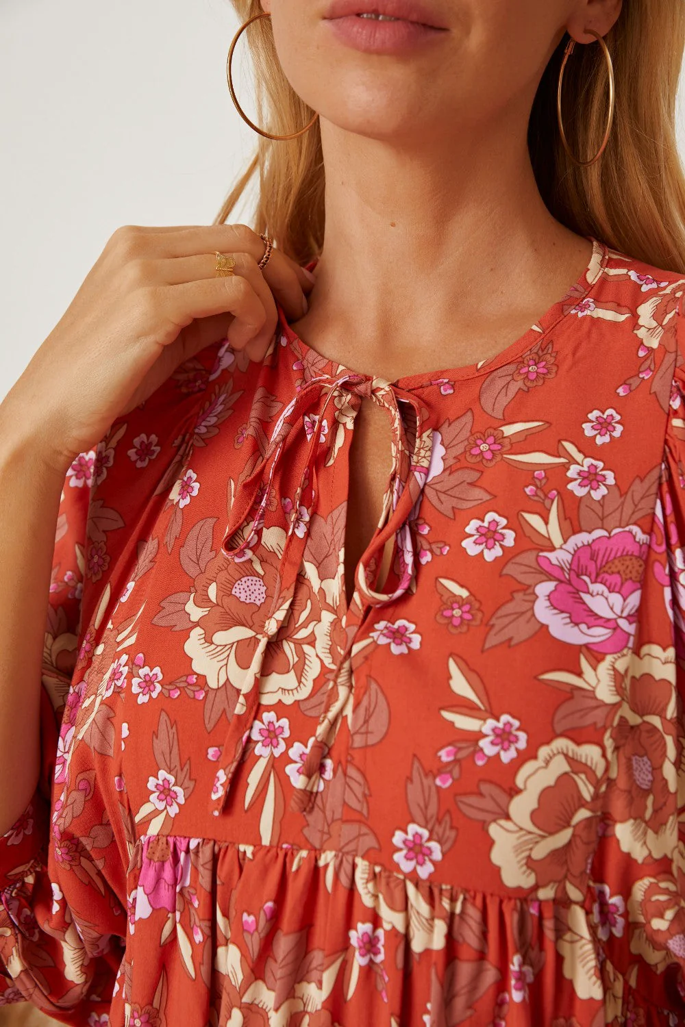 Floral Tie Neck Half Sleeve Dress - Image 7