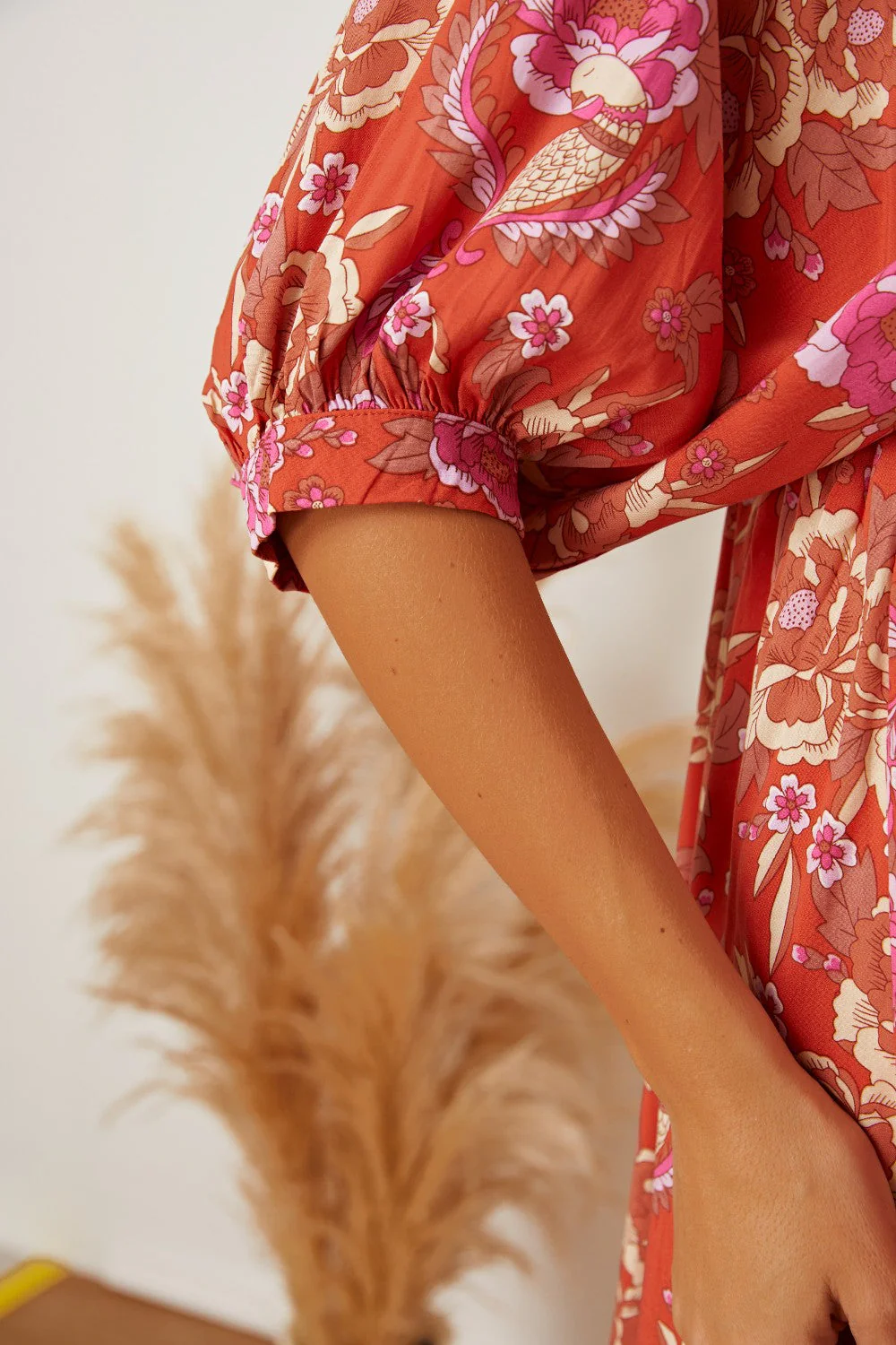 Floral Tie Neck Half Sleeve Dress - Image 8