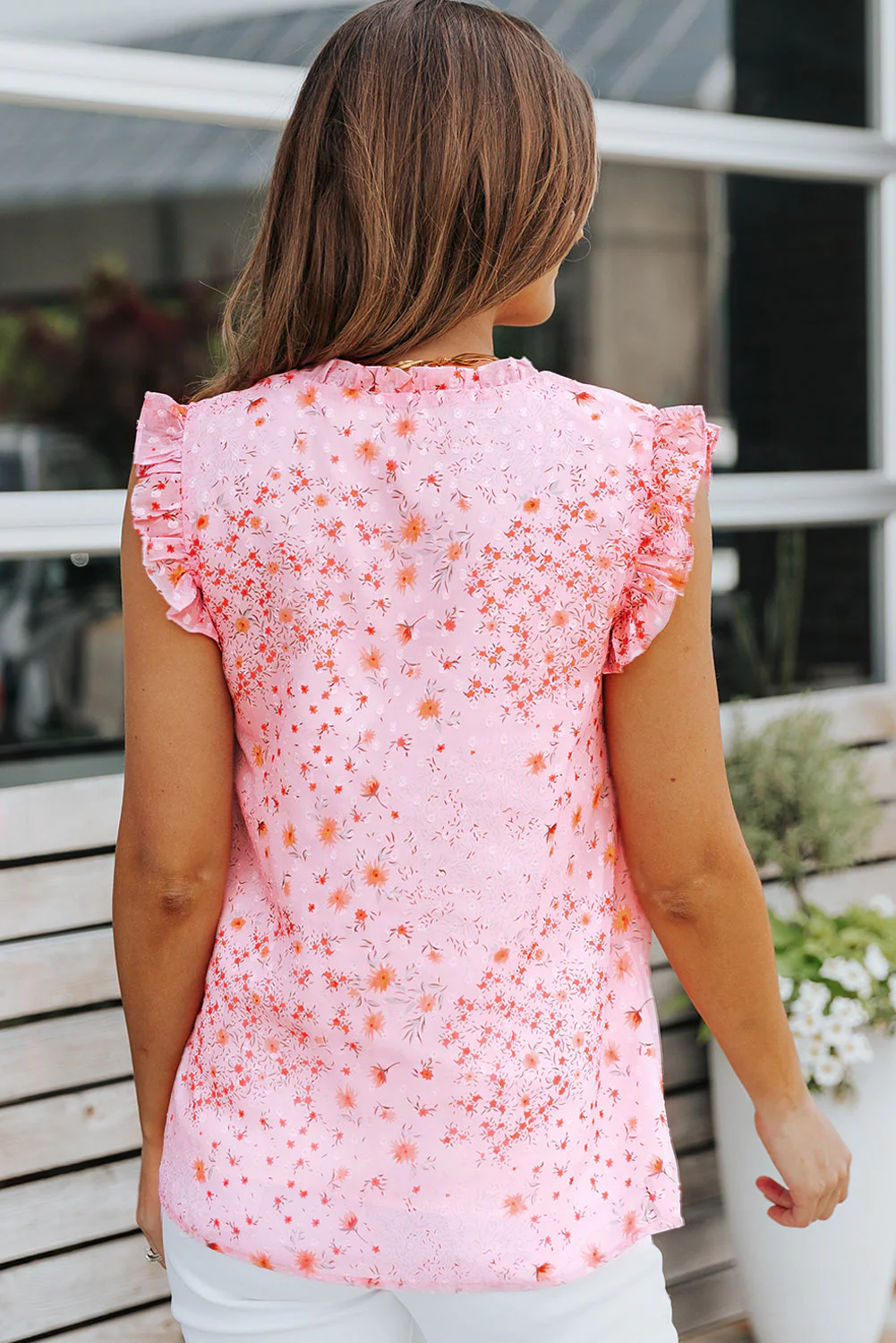 Floral Tie Neck Ruffled Sleeveless Top - Image 2