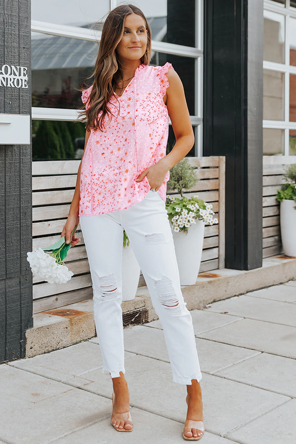 Floral Tie Neck Ruffled Sleeveless Top - Image 4