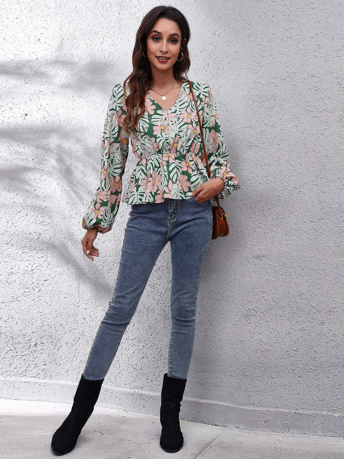 Floral V-Neck Balloon Sleeve Peplum Blouse - Image 5