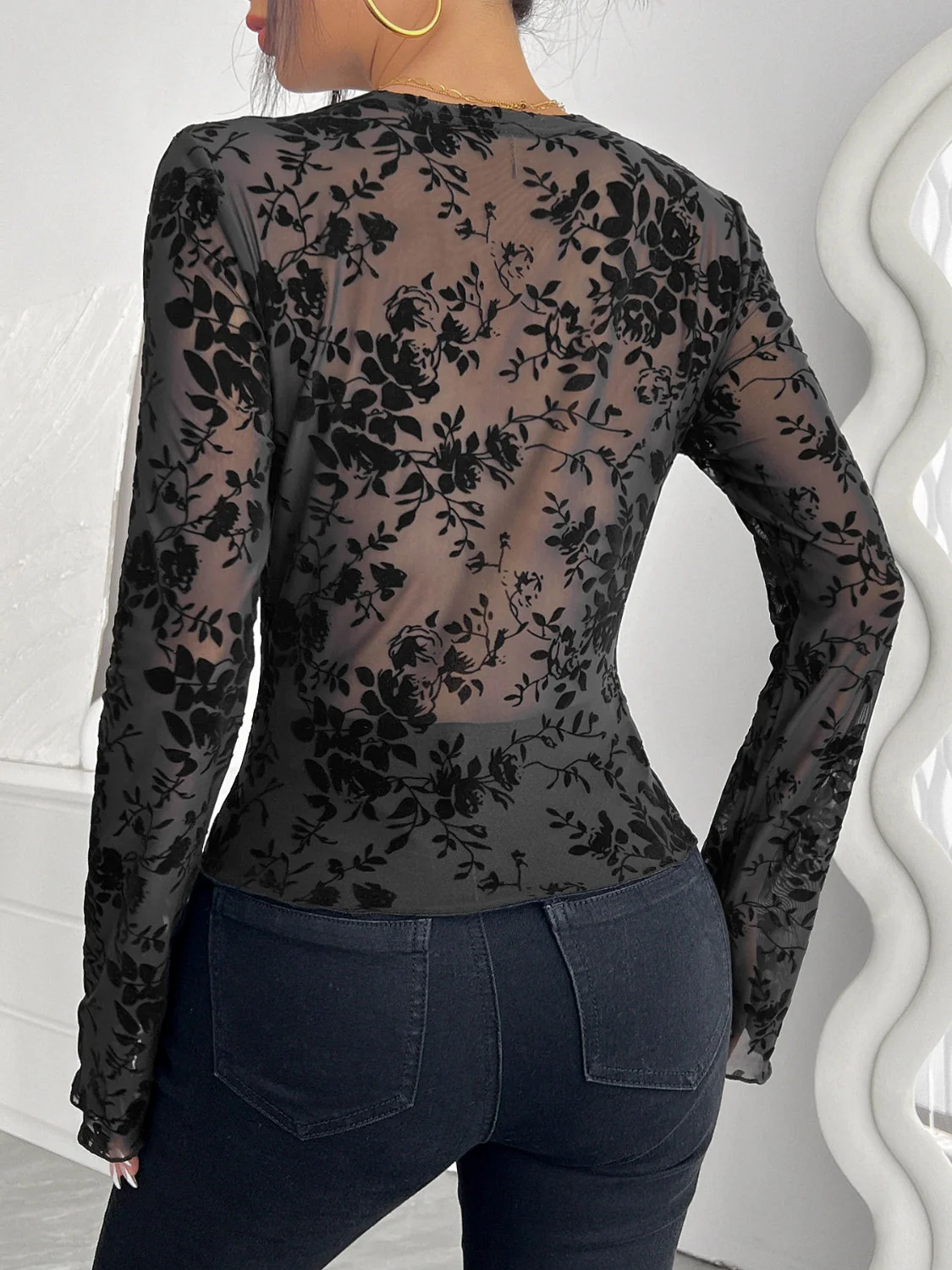 Floral V-Neck Long Sleeve Lace Top - Image 2