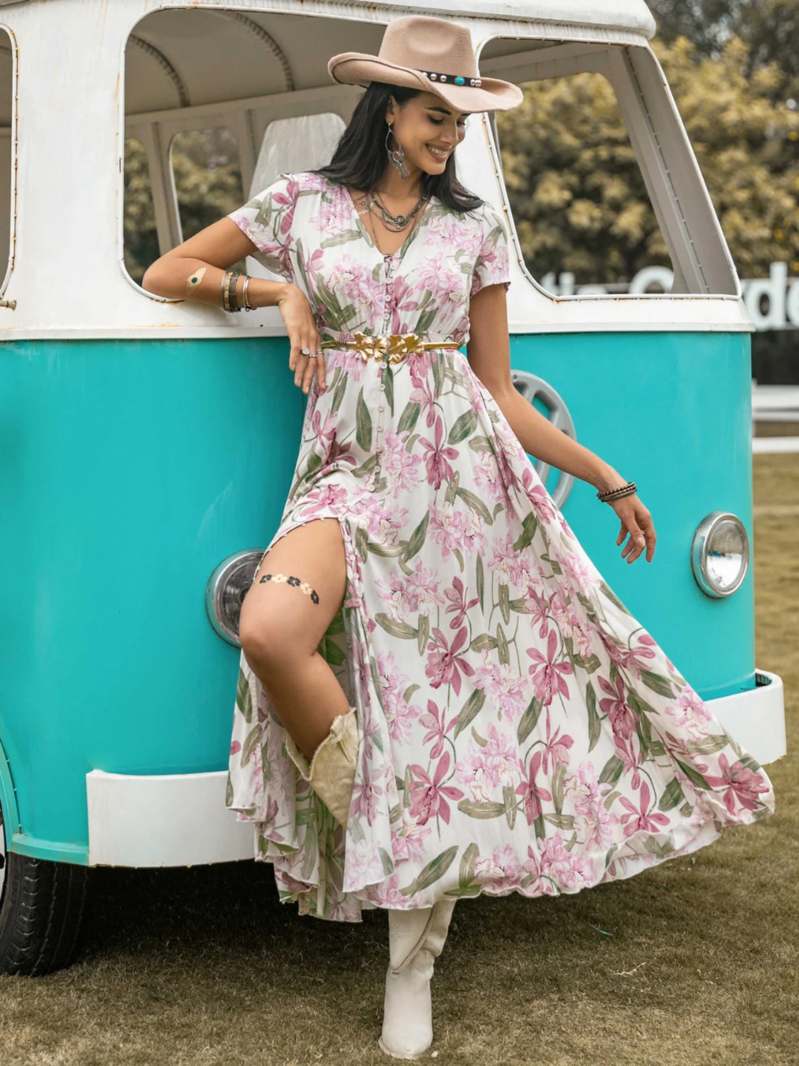 Floral V-Neck Slit Dress - Image 11