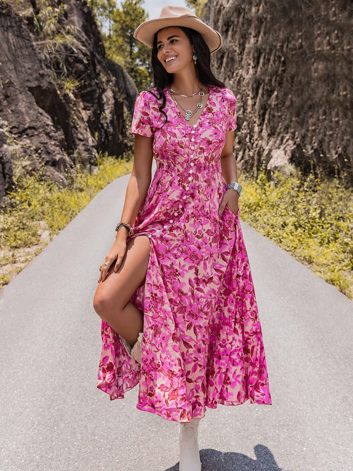 Floral V-Neck Slit Dress - Image 3