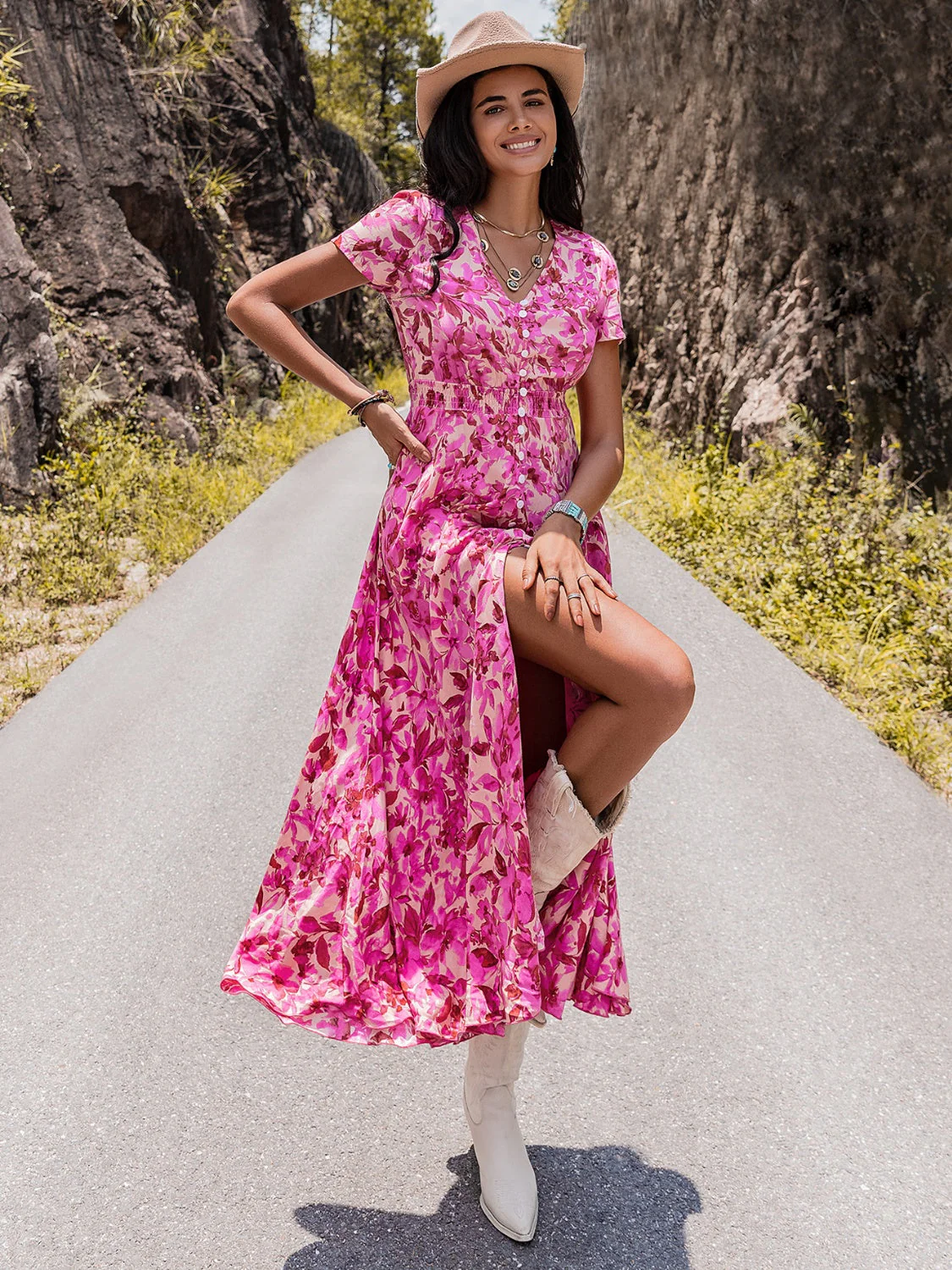 Floral V-Neck Slit Dress - Image 4