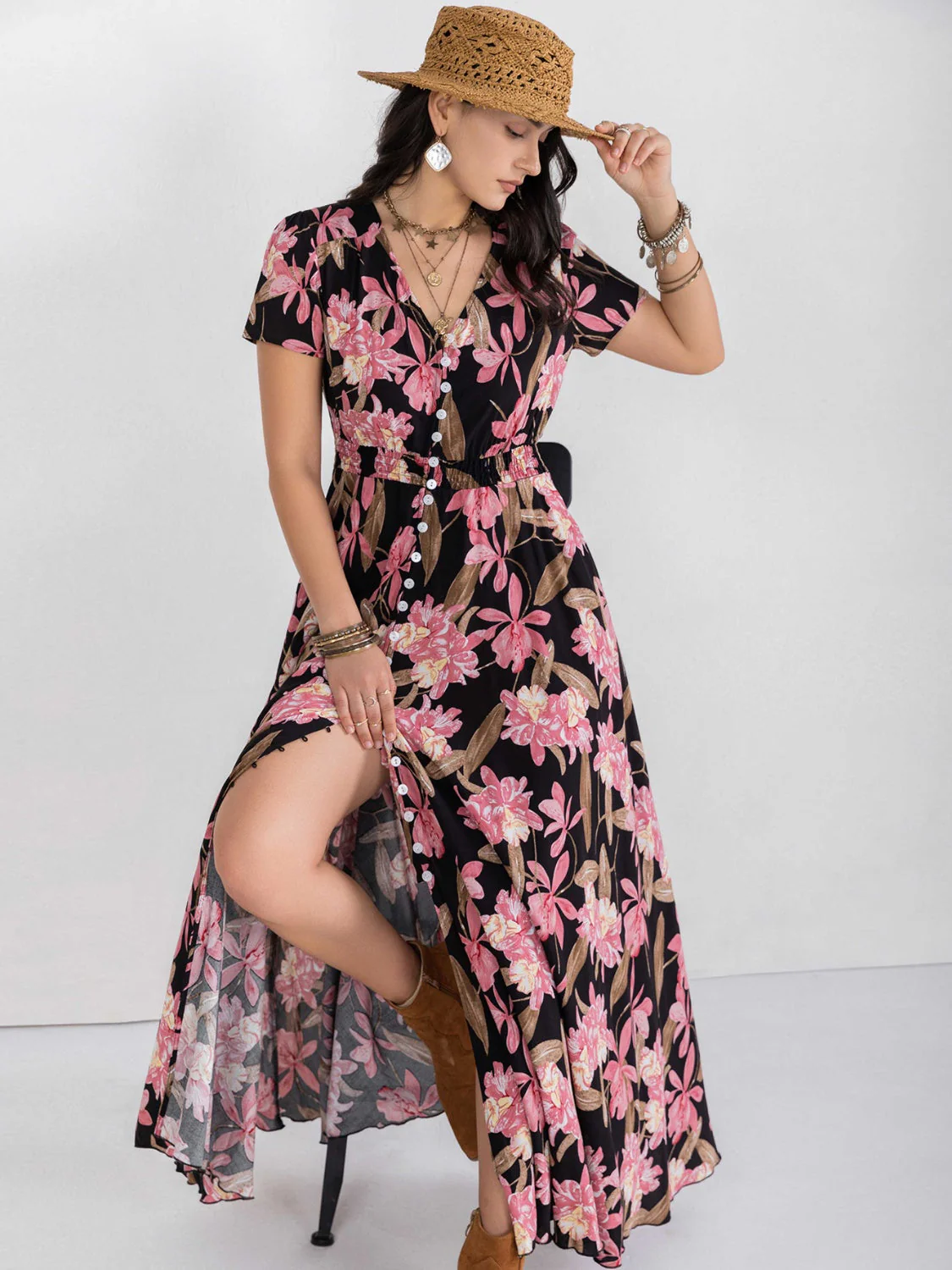 Floral V-Neck Slit Dress - Image 7