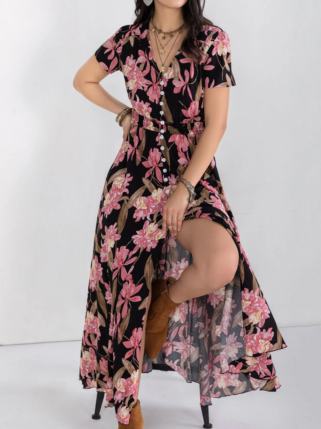 Floral V-Neck Slit Dress - Image 8