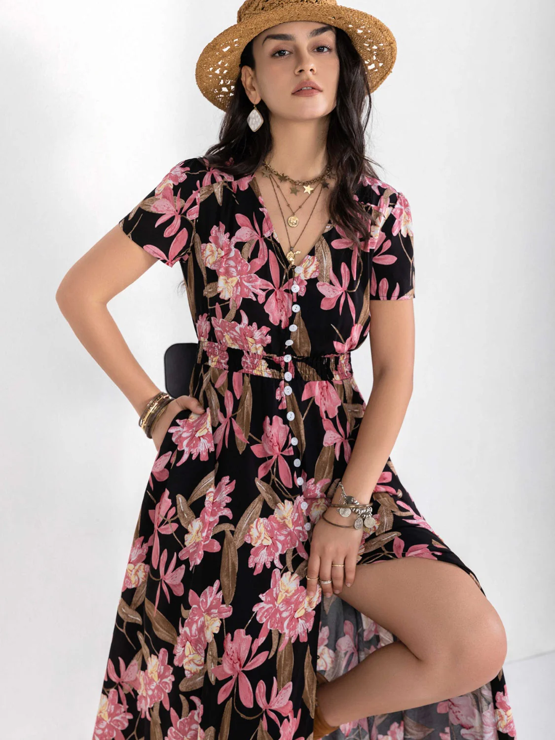 Floral V-Neck Slit Dress - Image 9