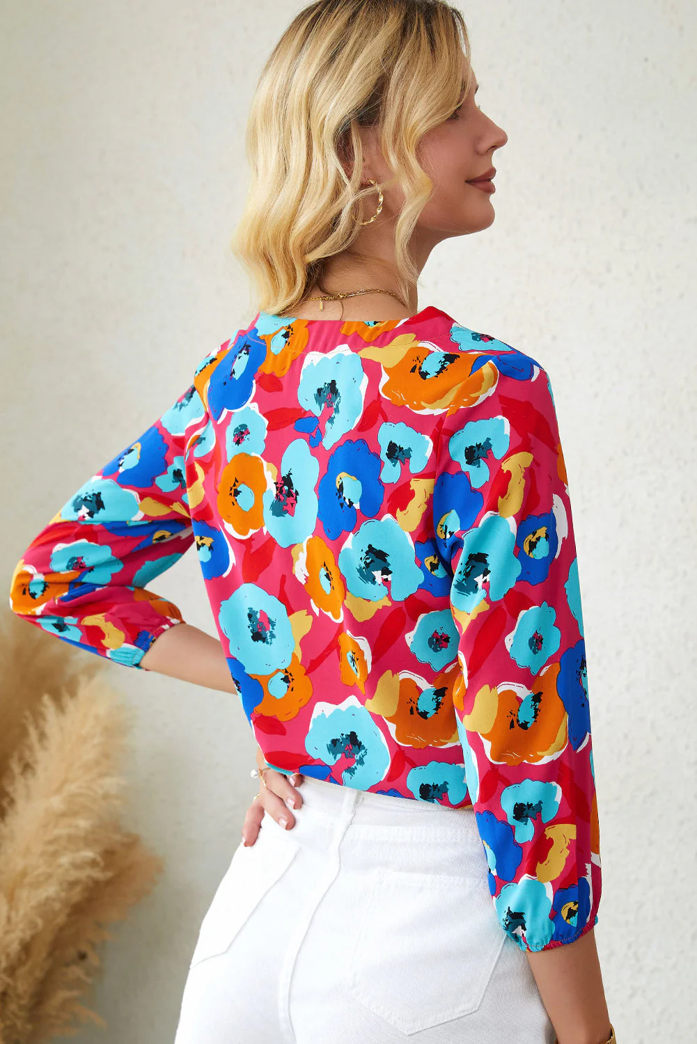 Floral V-Neck Three-Quarter Sleeve Top - Image 2