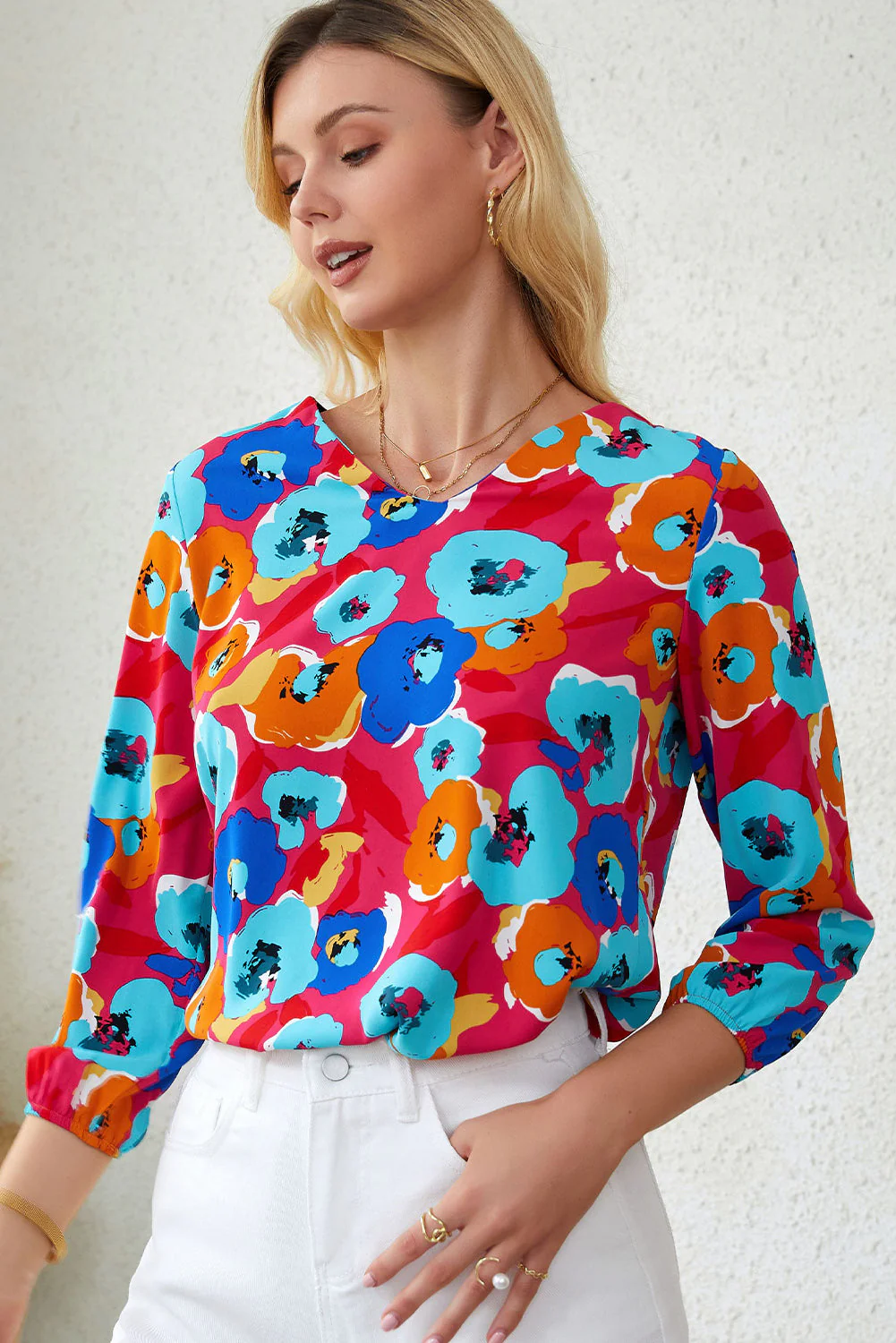 Floral V-Neck Three-Quarter Sleeve Top - Image 3