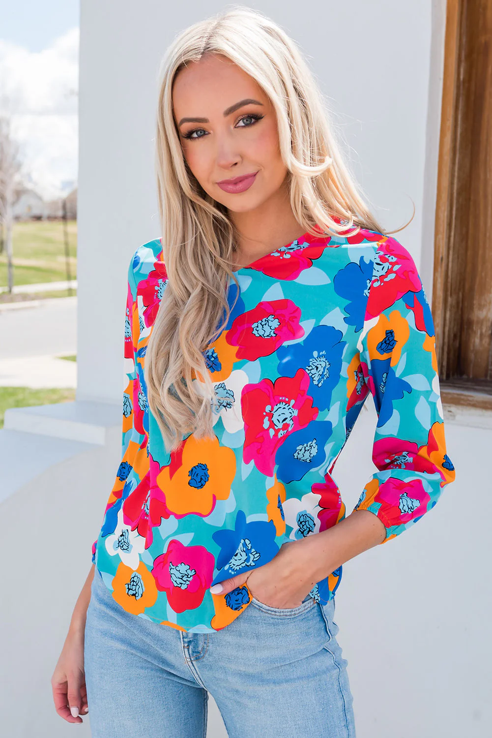 Floral V-Neck Three-Quarter Sleeve Top - Image 5