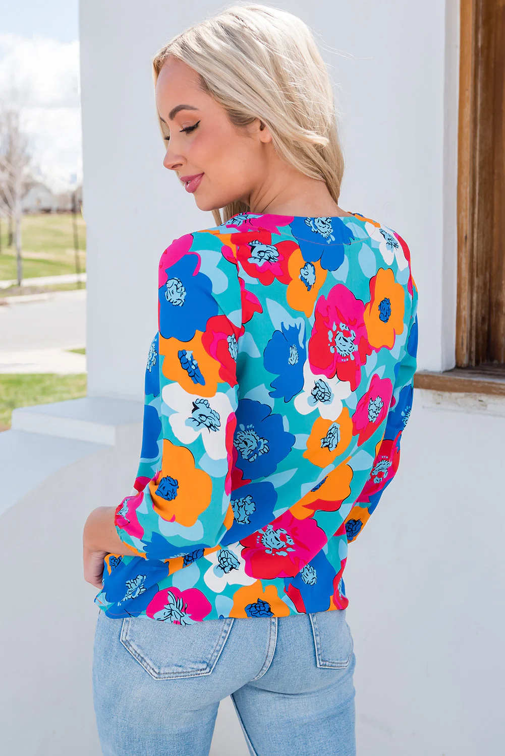 Floral V-Neck Three-Quarter Sleeve Top - Image 6