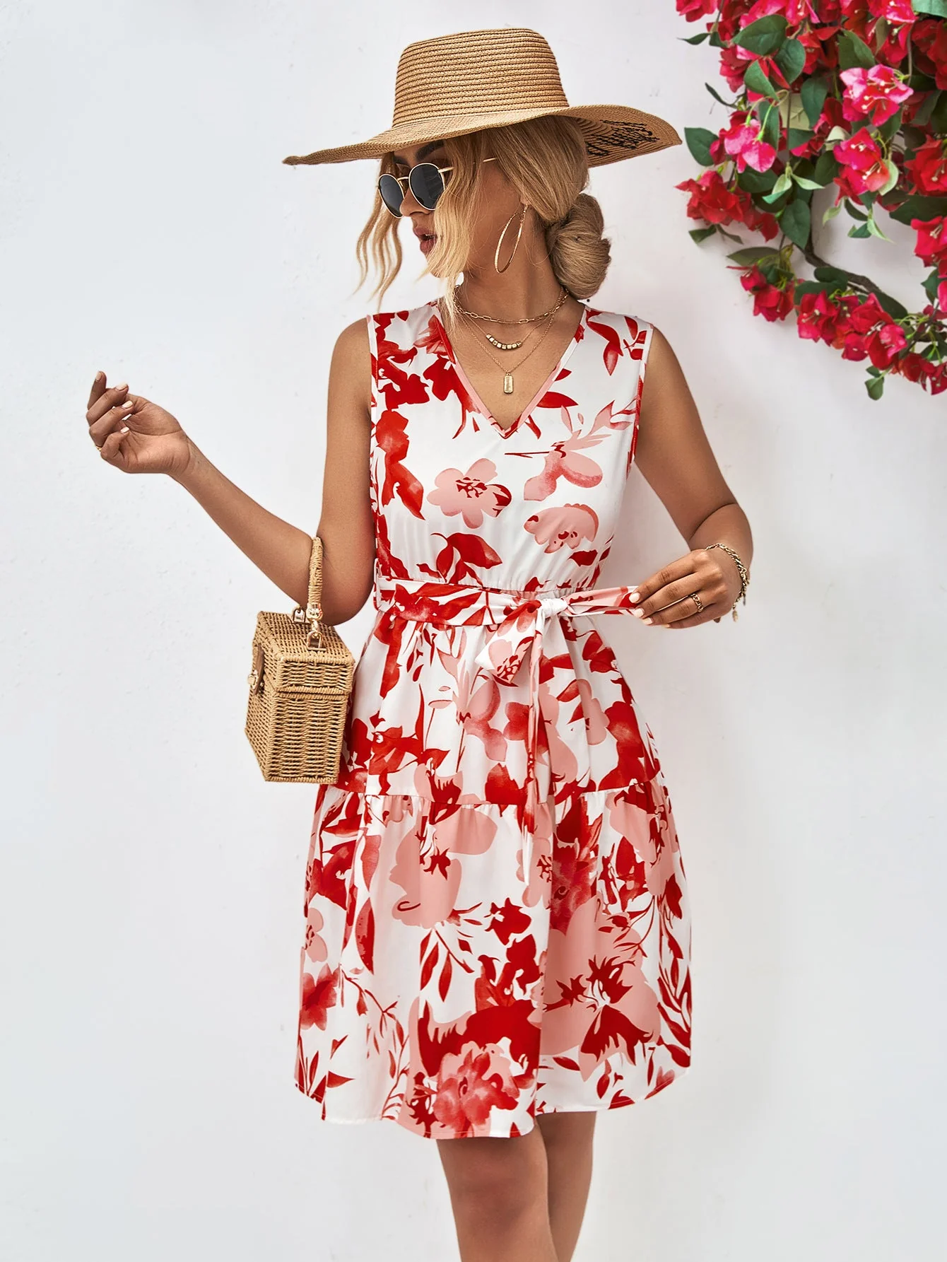 Floral V-Neck Tie Waist Sleeveless Dress - Image 10