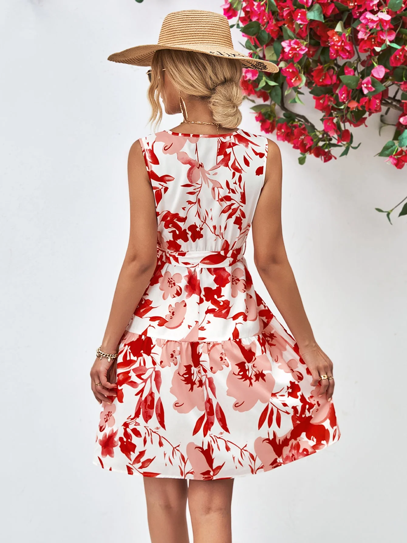 Floral V-Neck Tie Waist Sleeveless Dress - Image 11