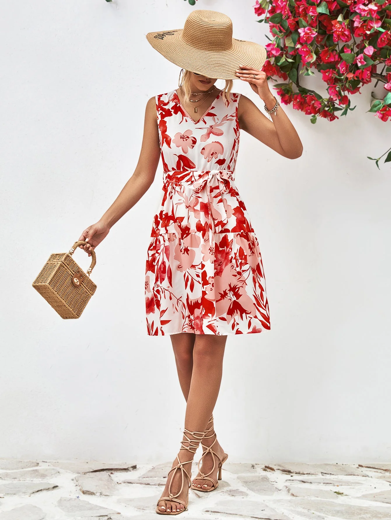 Floral V-Neck Tie Waist Sleeveless Dress - Image 12