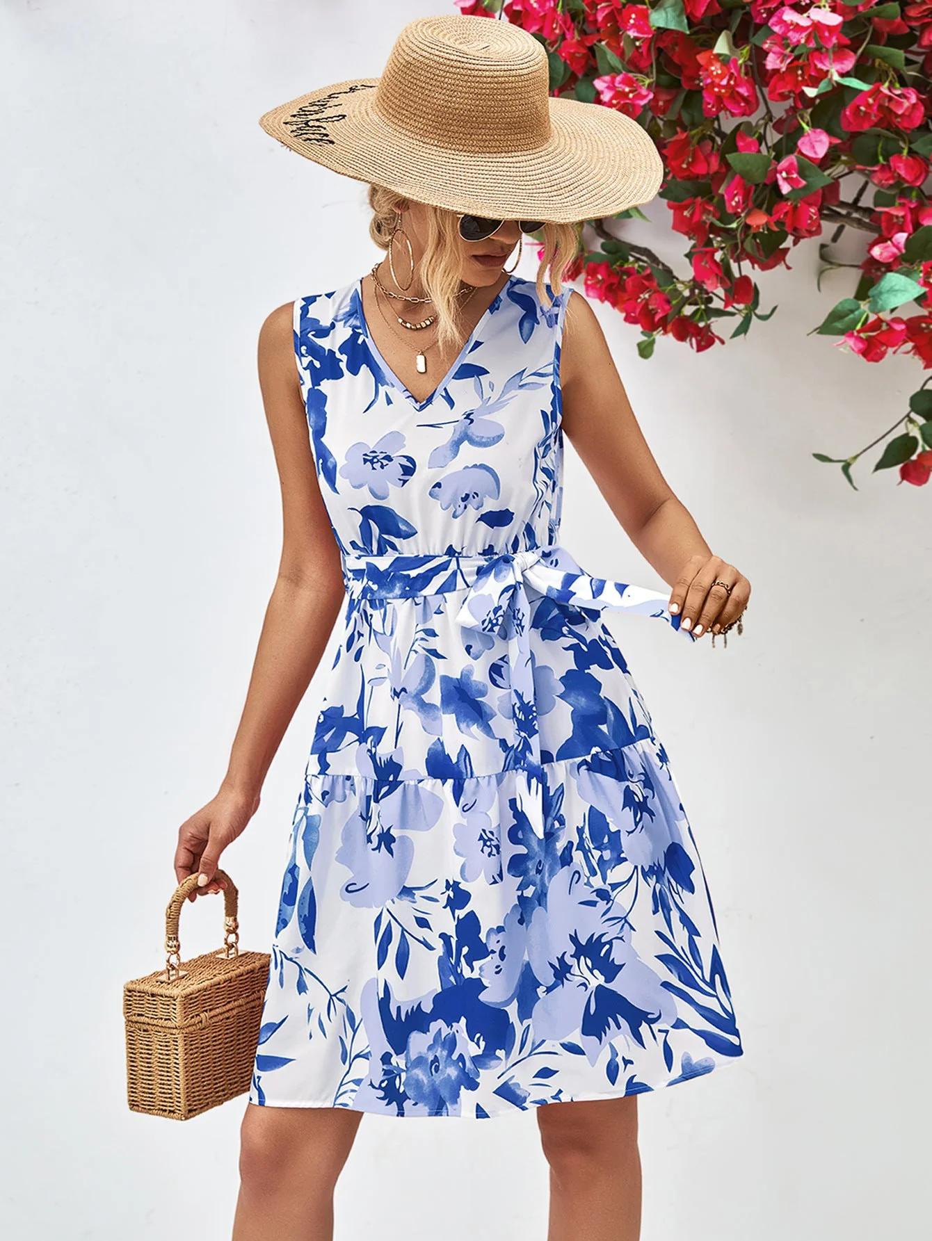 Floral V-Neck Tie Waist Sleeveless Dress - Image 3