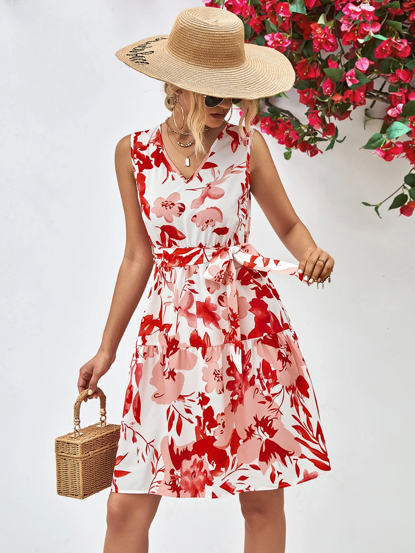 Floral V-Neck Tie Waist Sleeveless Dress - Image 8