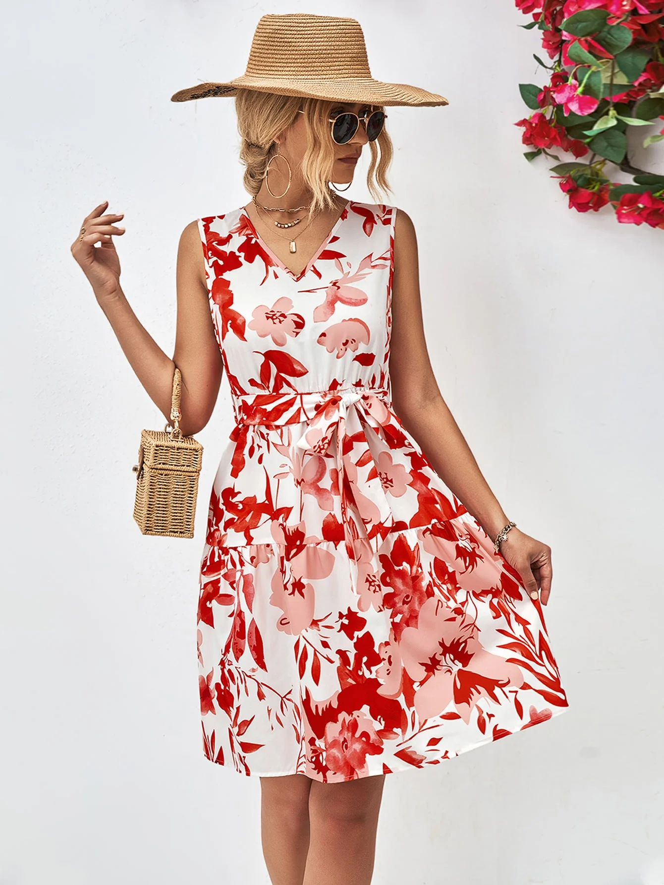 Floral V-Neck Tie Waist Sleeveless Dress - Image 9