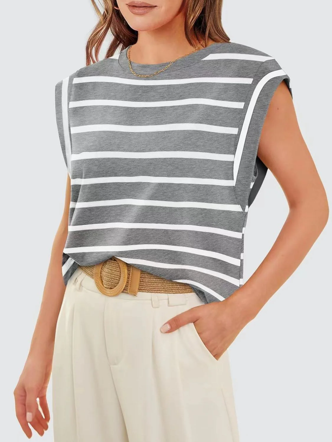 Florira Striped Round Neck Cap Sleeve T-Shirt - Image 10