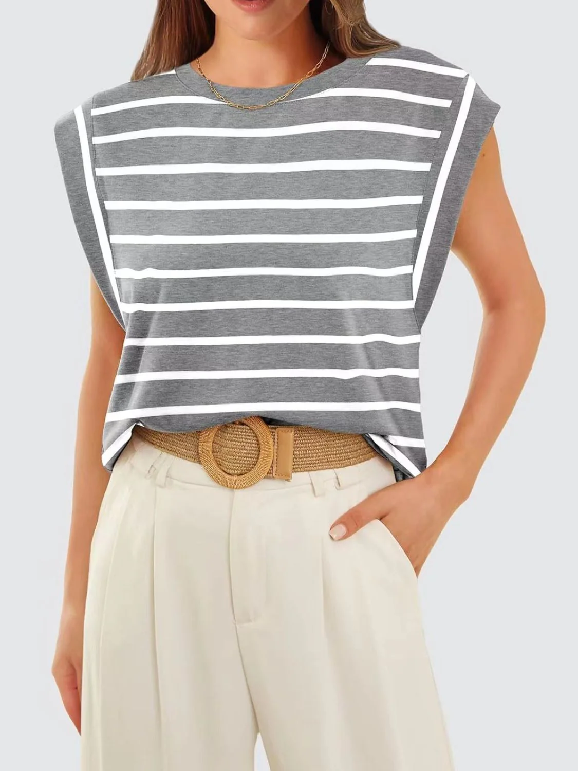 Florira Striped Round Neck Cap Sleeve T-Shirt - Image 11
