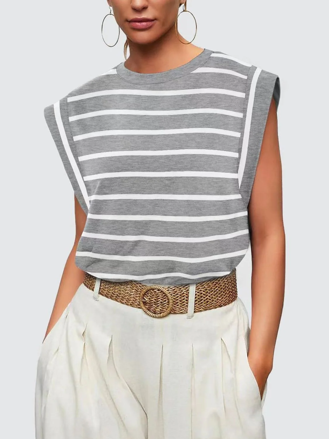 Florira Striped Round Neck Cap Sleeve T-Shirt - Image 12