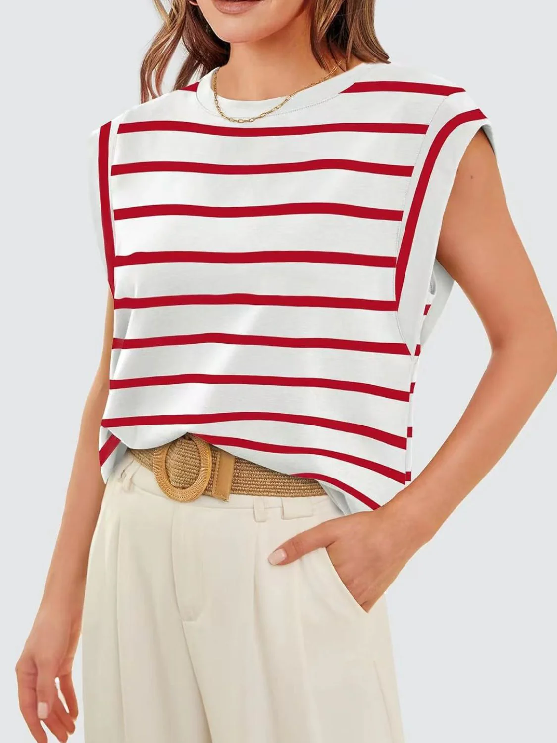 Florira Striped Round Neck Cap Sleeve T-Shirt - Image 14