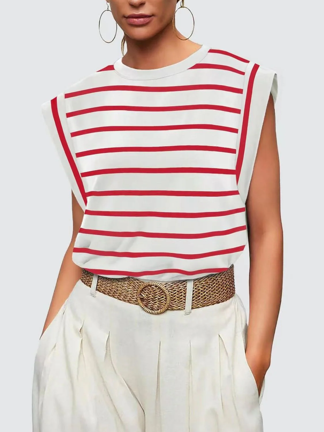 Florira Striped Round Neck Cap Sleeve T-Shirt - Image 15
