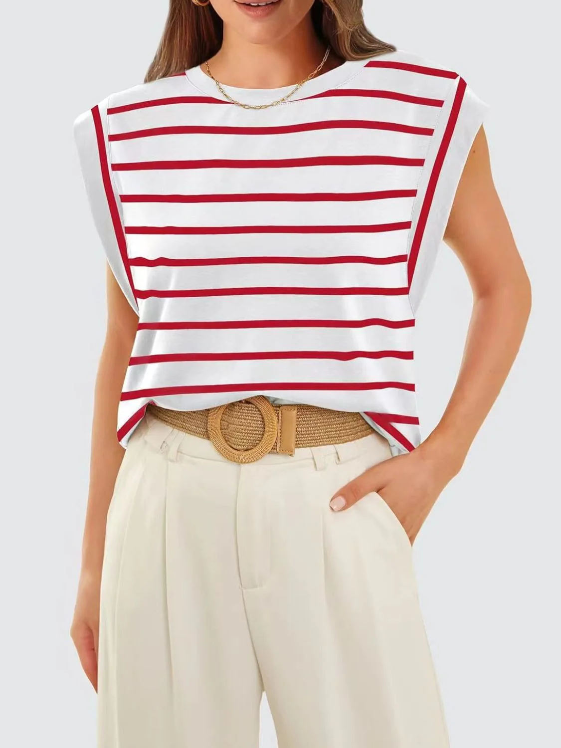 Florira Striped Round Neck Cap Sleeve T-Shirt - Image 16
