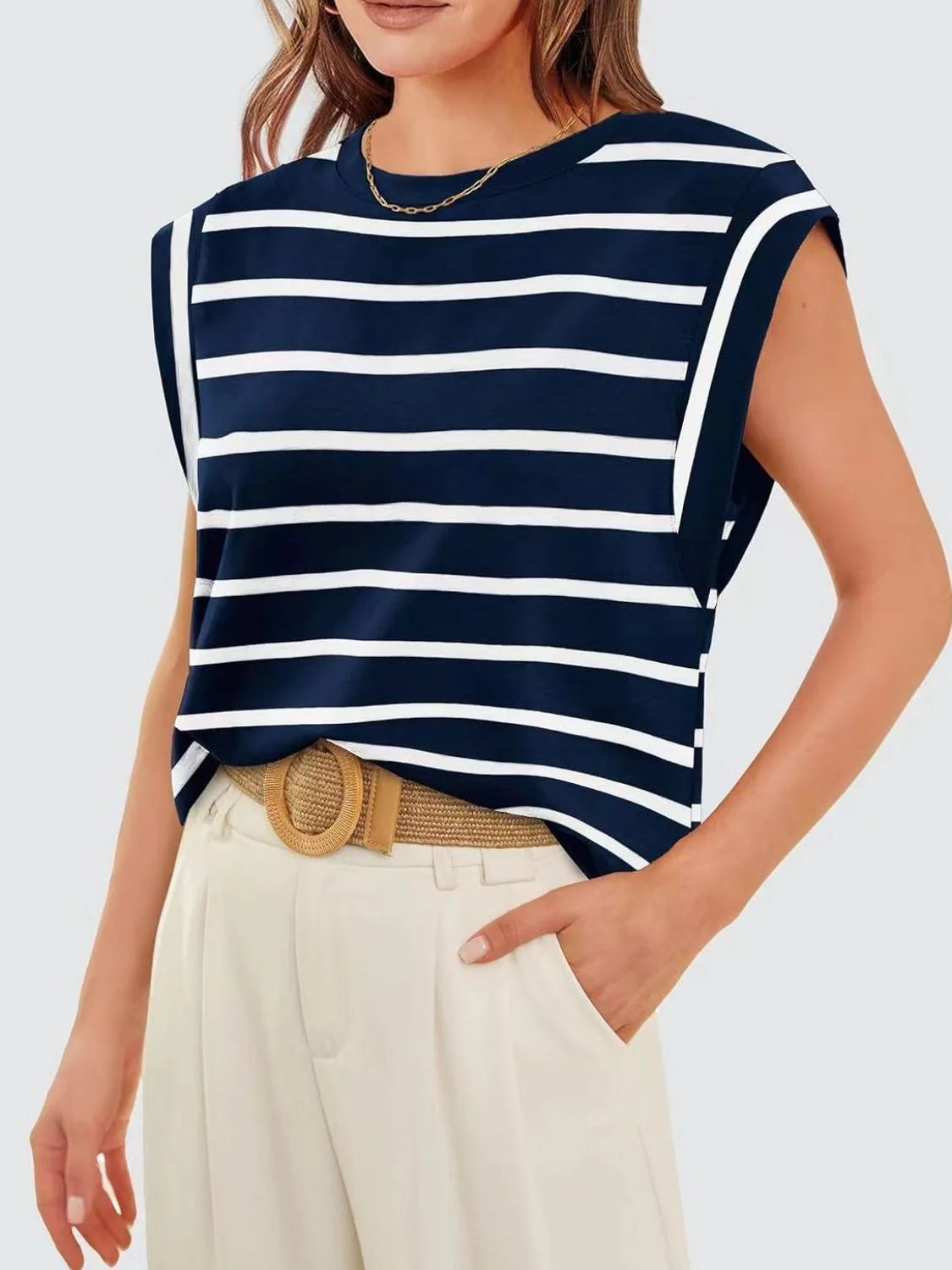 Florira Striped Round Neck Cap Sleeve T-Shirt - Image 18