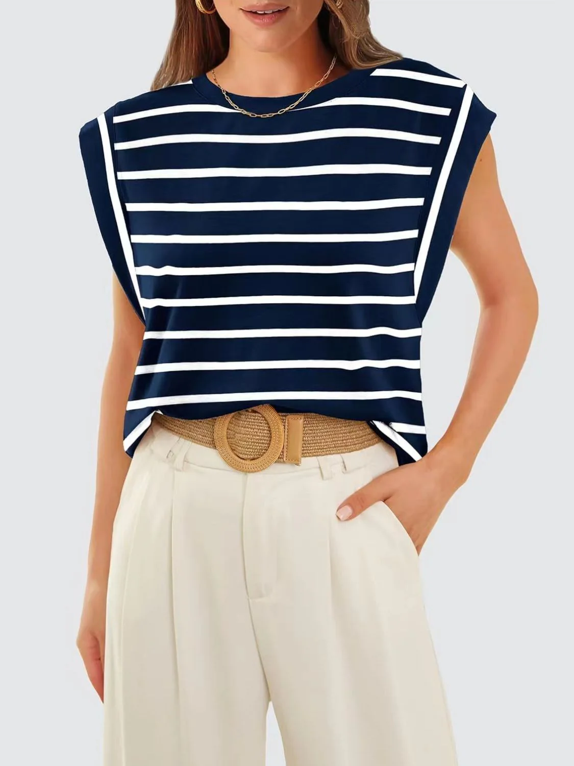 Florira Striped Round Neck Cap Sleeve T-Shirt - Image 19