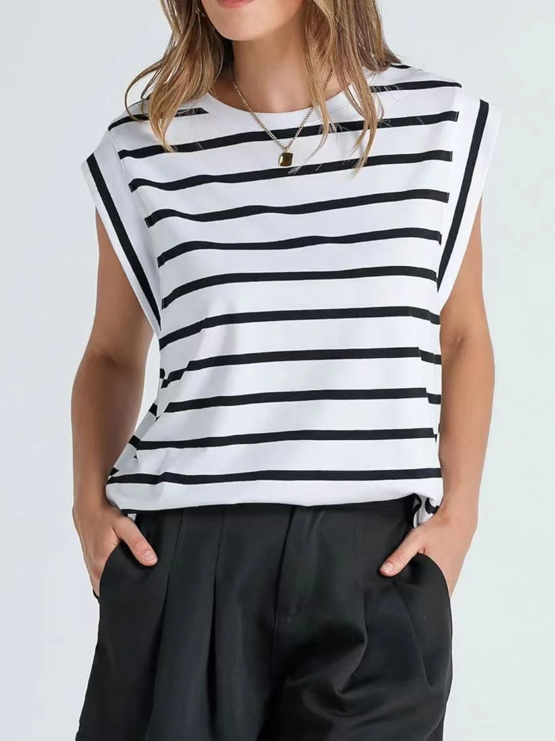 Florira Striped Round Neck Cap Sleeve T-Shirt - Image 2