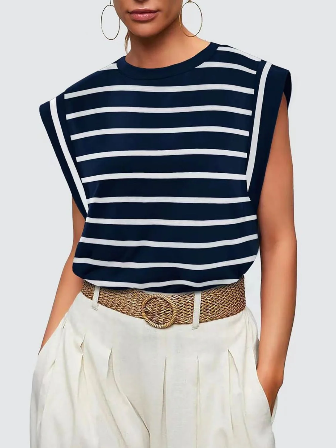 Florira Striped Round Neck Cap Sleeve T-Shirt - Image 20