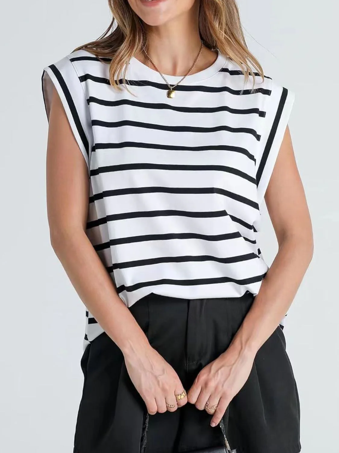 Florira Striped Round Neck Cap Sleeve T-Shirt - Image 3