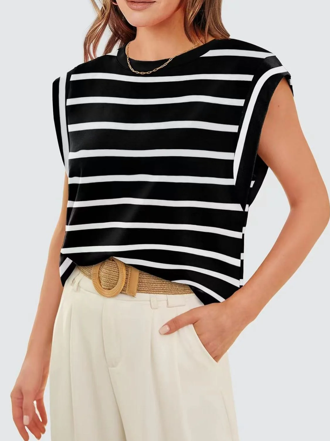 Florira Striped Round Neck Cap Sleeve T-Shirt - Image 6